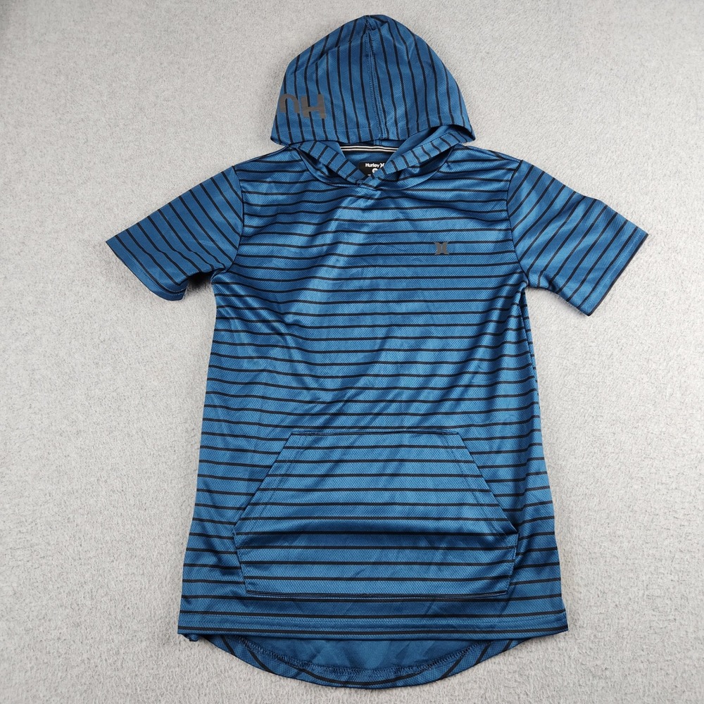 Hurley Hoodie Boys Medium Blue Striped Nike Dri-FIT Short Sleeve Logo Pullover